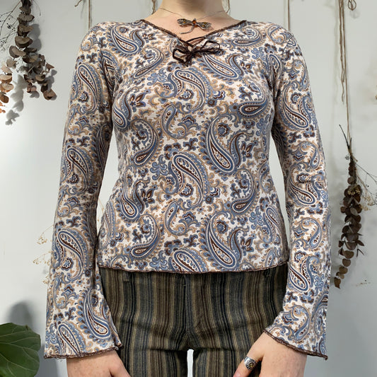 Blue brown paisley top - size M