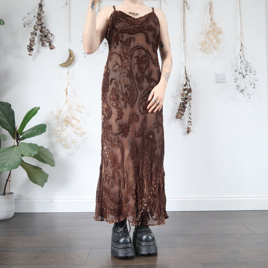 Brown velvet embossed dress - size L