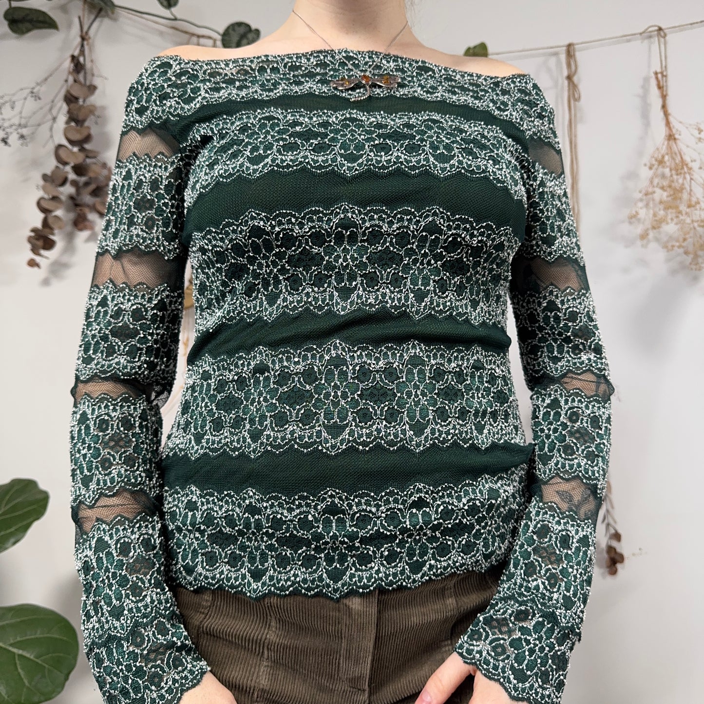 Green mesh lace top - size M