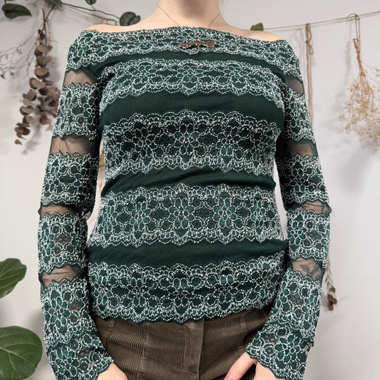 Green mesh lace top - size M
