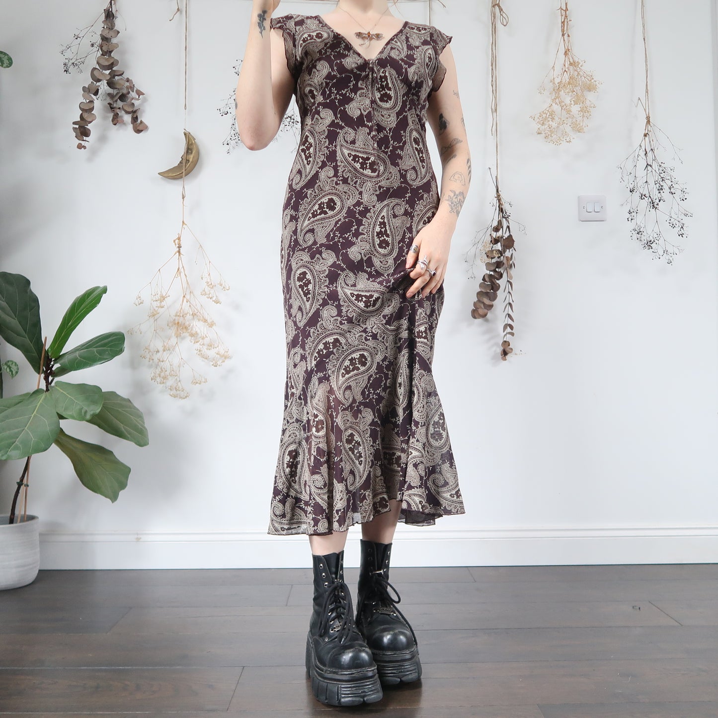 Brown purple paisley dress - size M