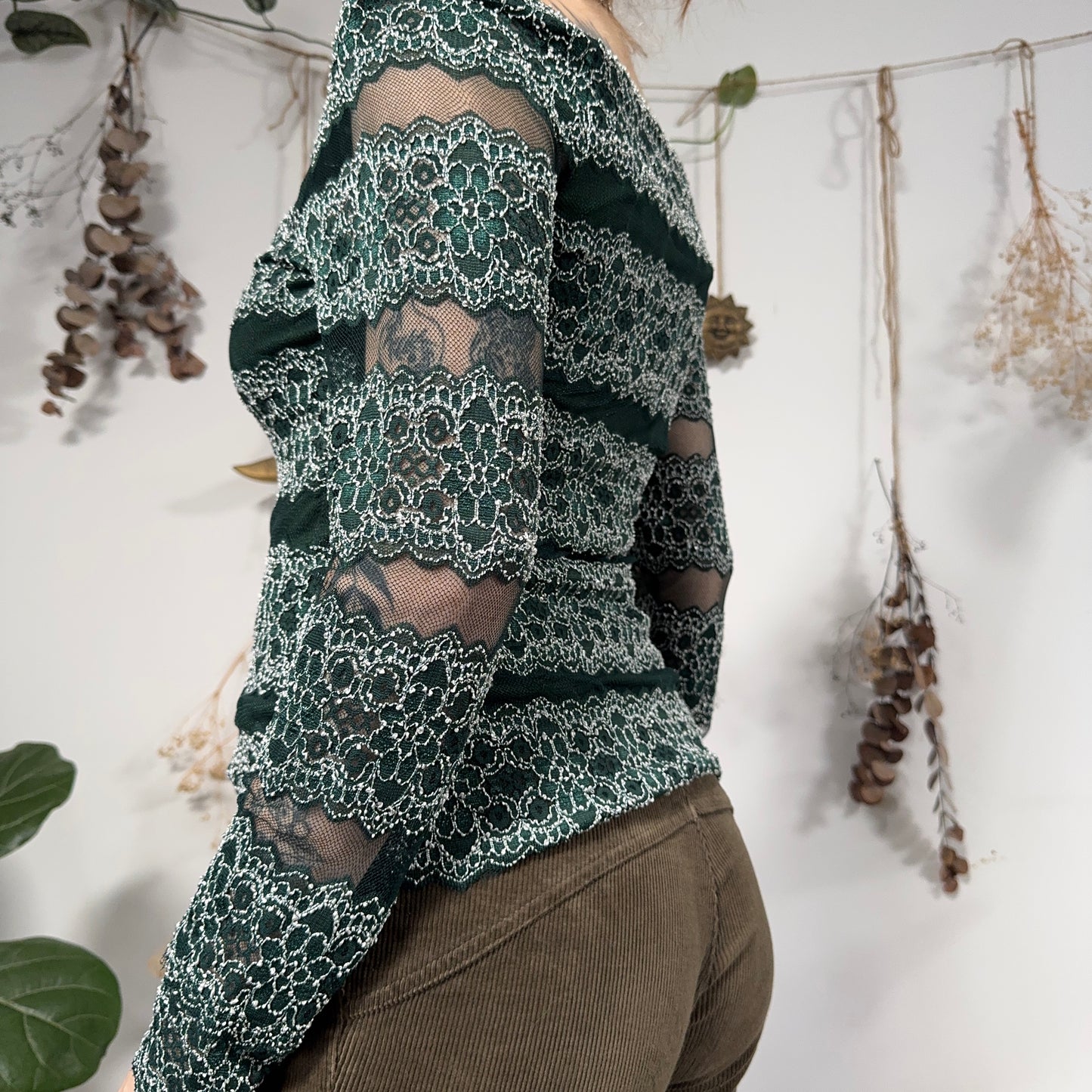 Green mesh lace top - size M
