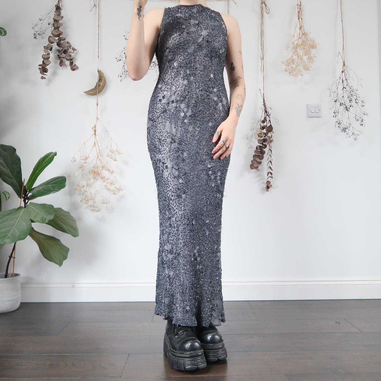 Slate grey beaded dress - size M