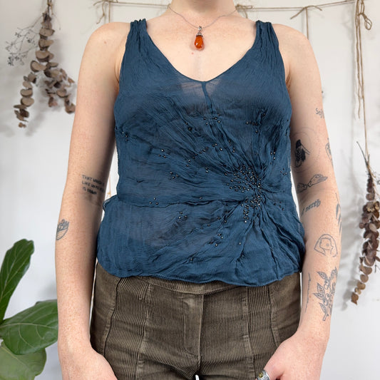 Blue silk beaded top - size M