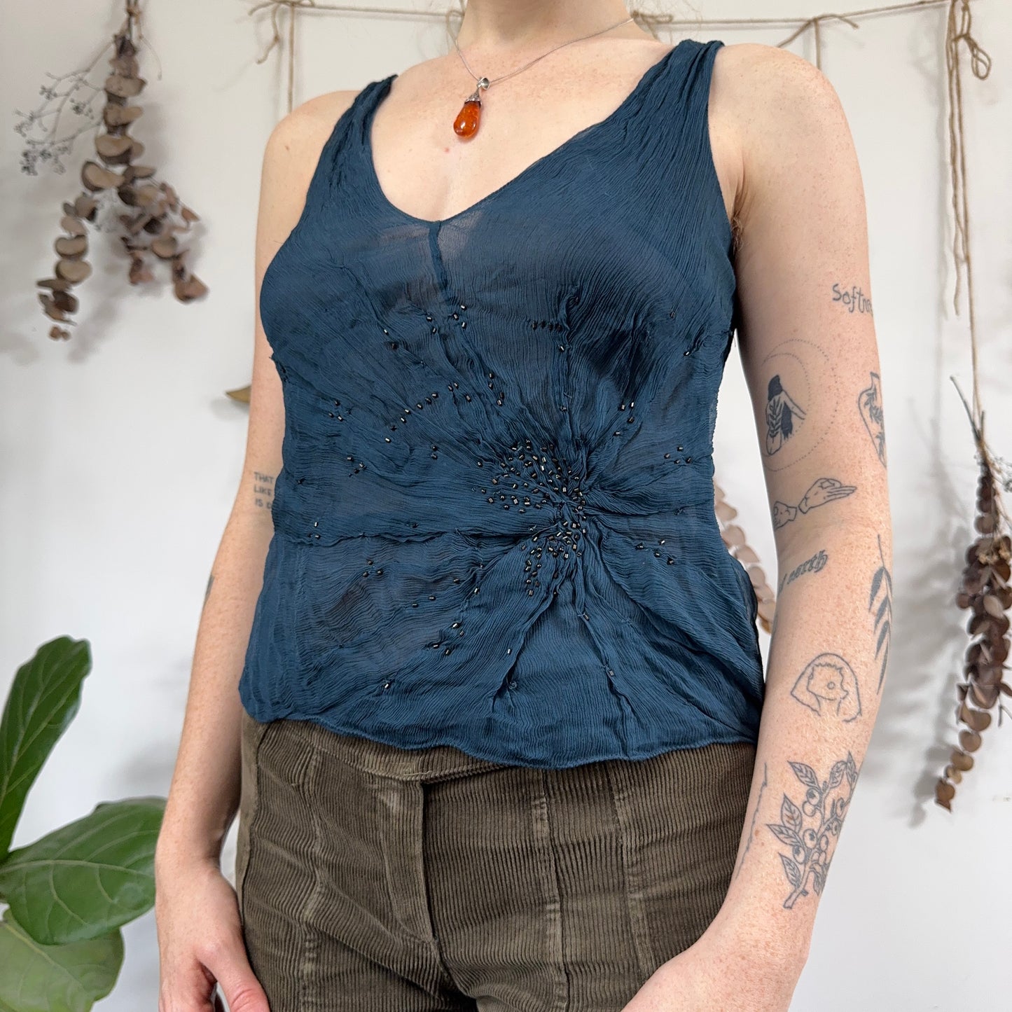 Blue silk beaded top - size M