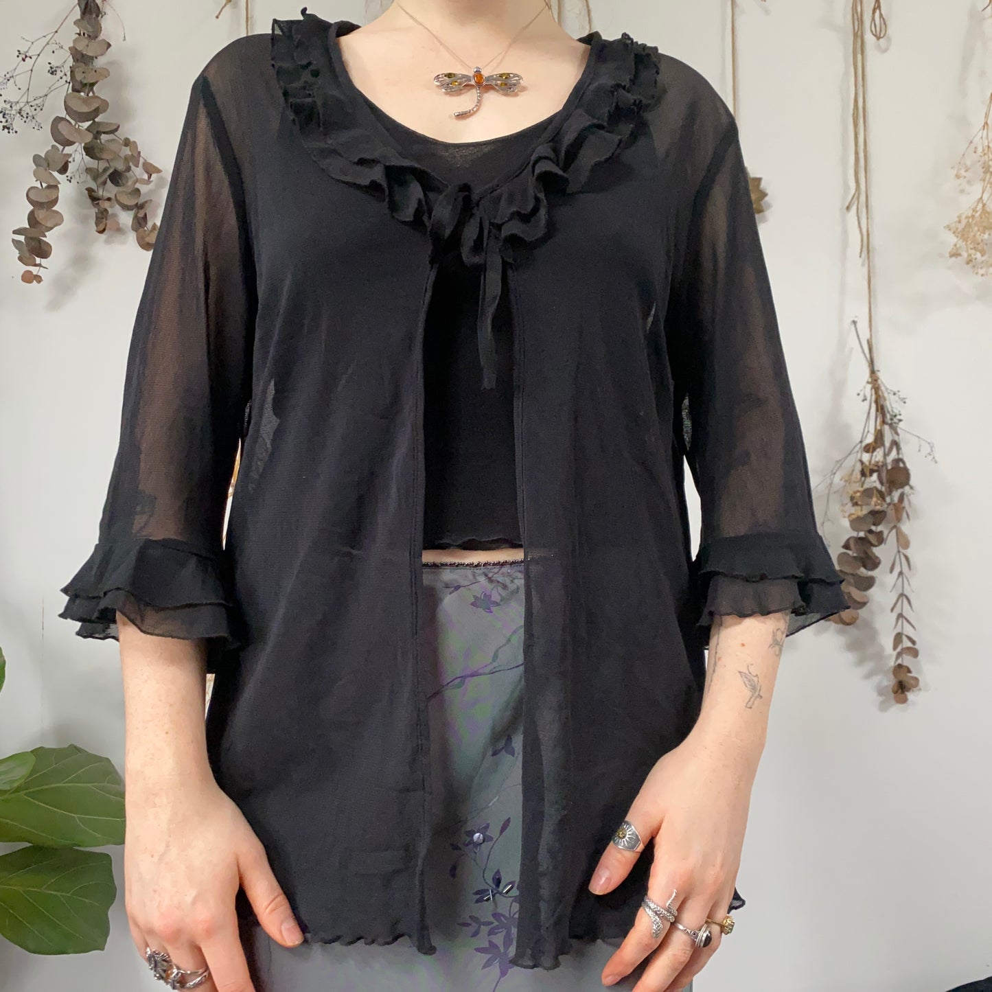 Black mesh tie up top - size L