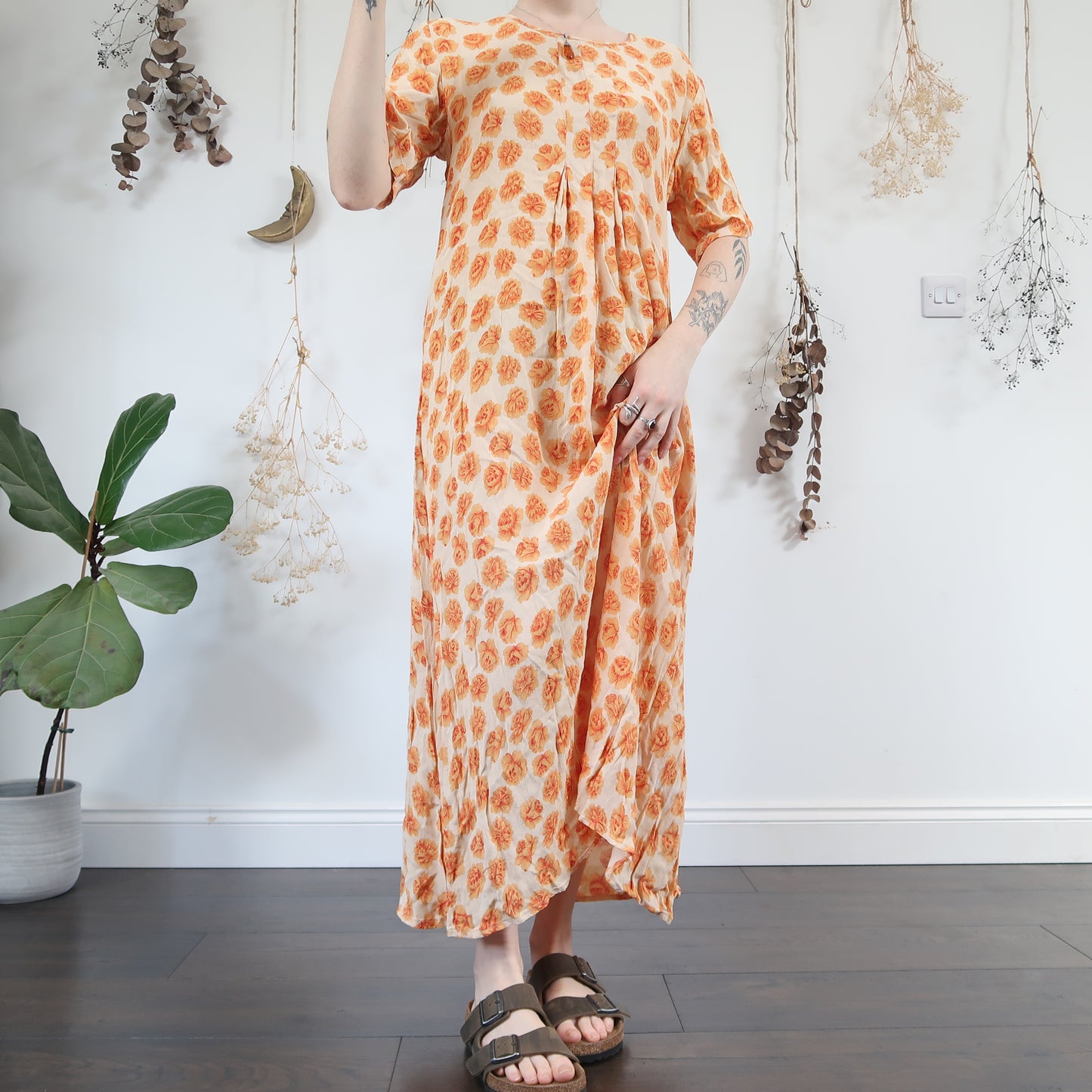 Orange floral, summer dress - size L