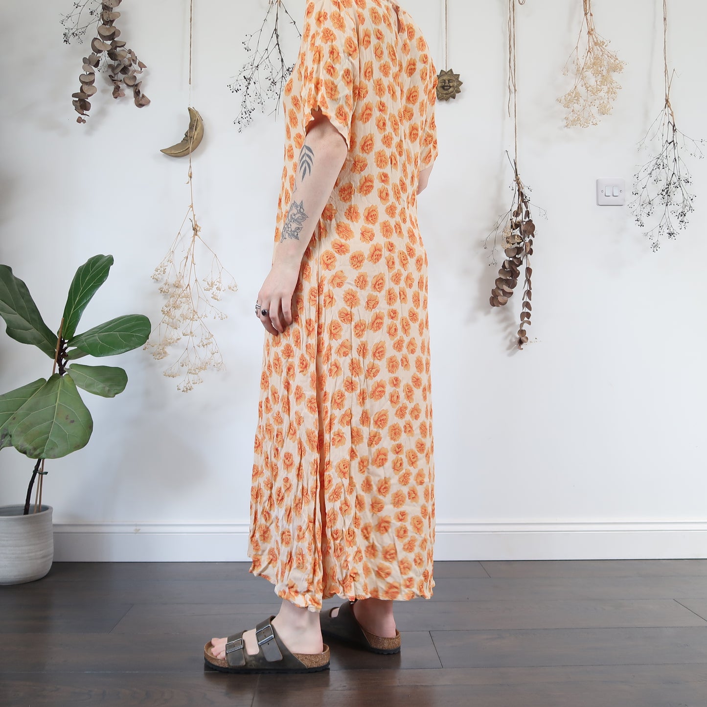Orange floral, summer dress - size L