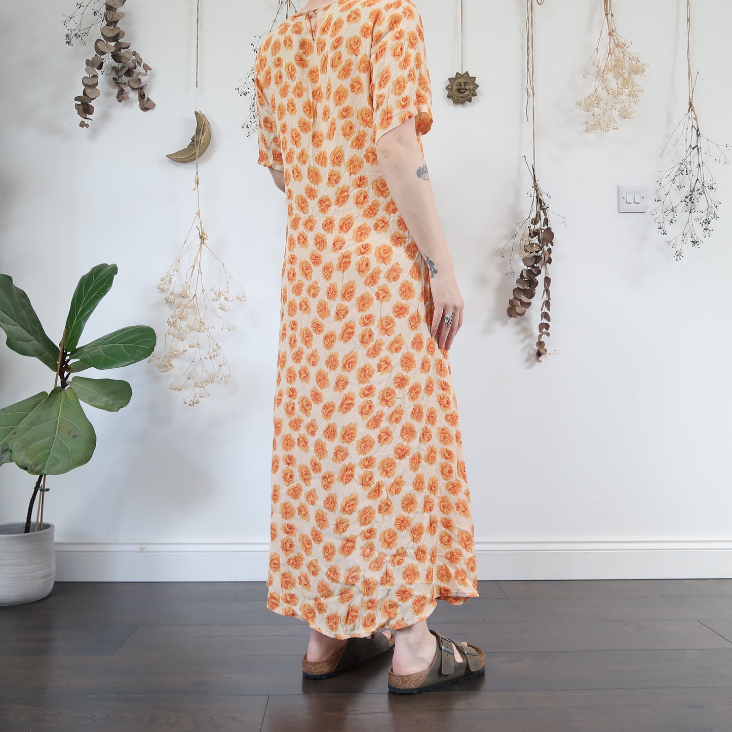 Orange floral, summer dress - size L