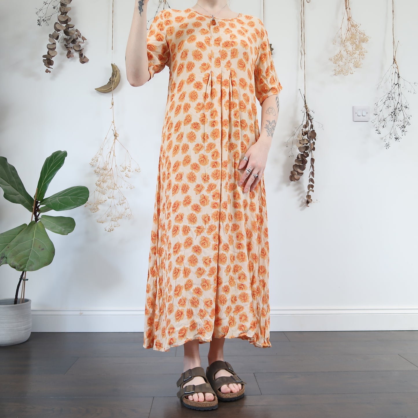 Orange floral, summer dress - size L