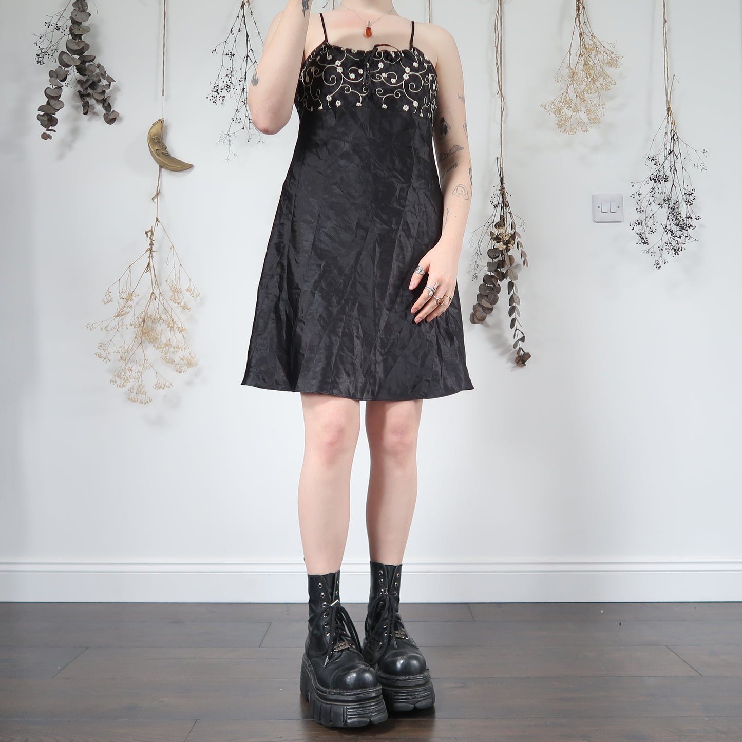 Black satin slip dress - size M/L