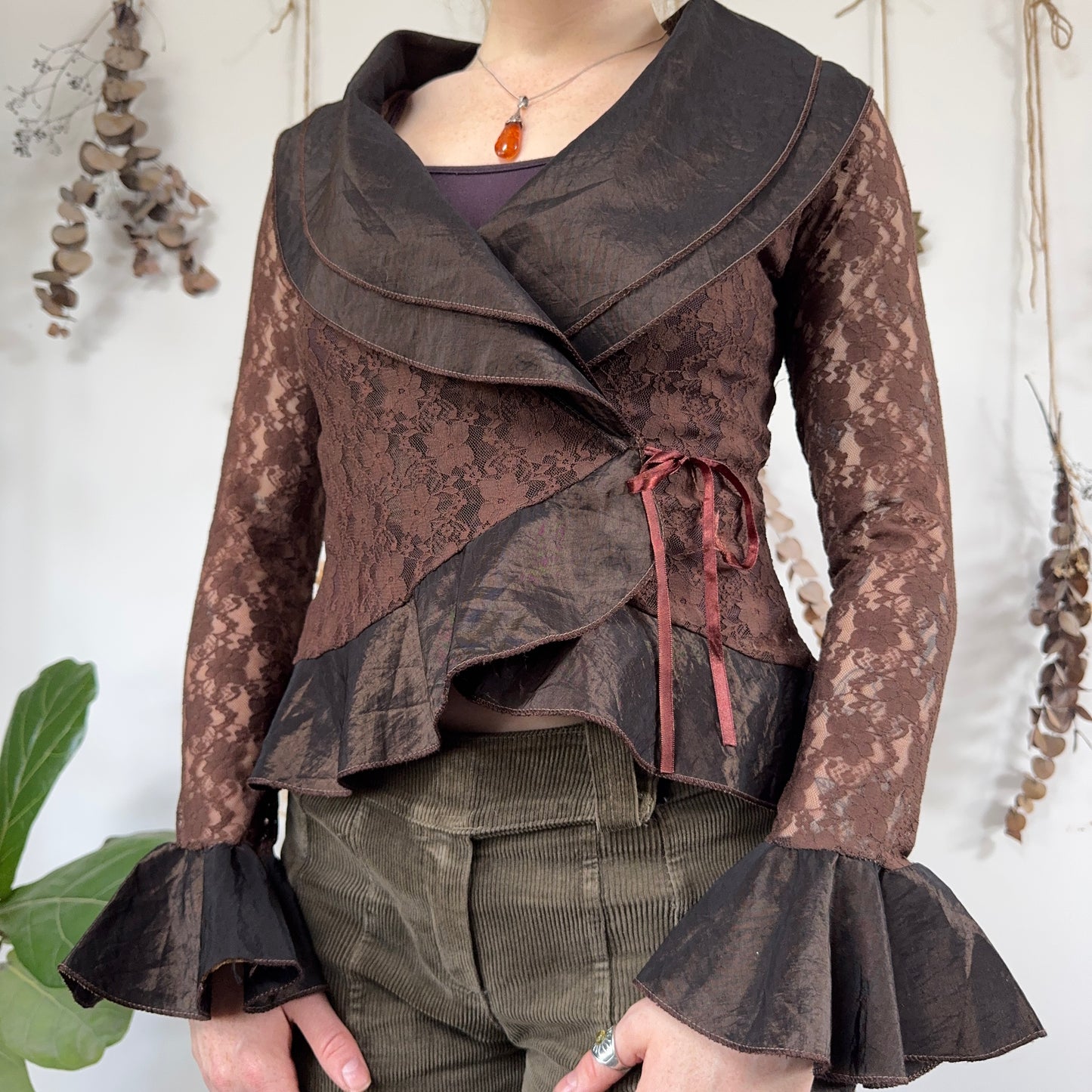 Brown lace wrap top - size M