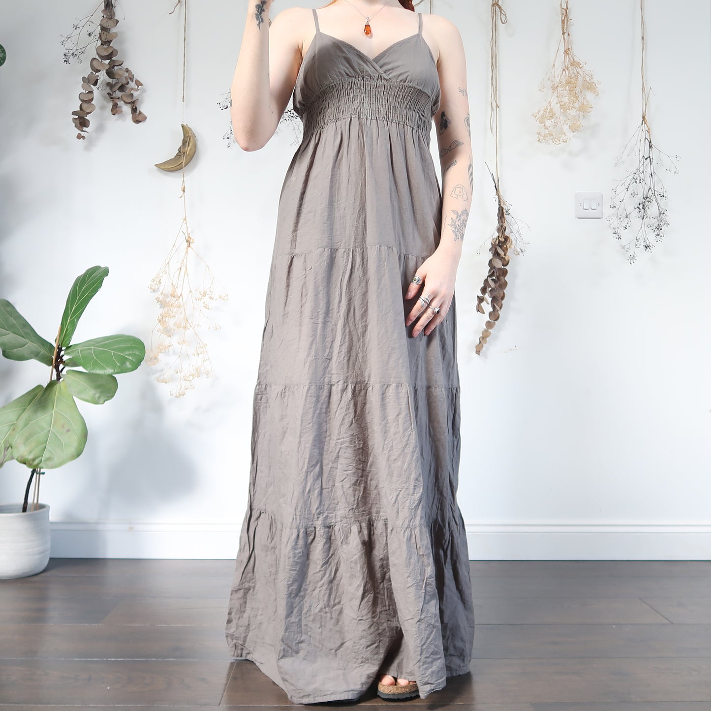 Khaki tiered dress - size M