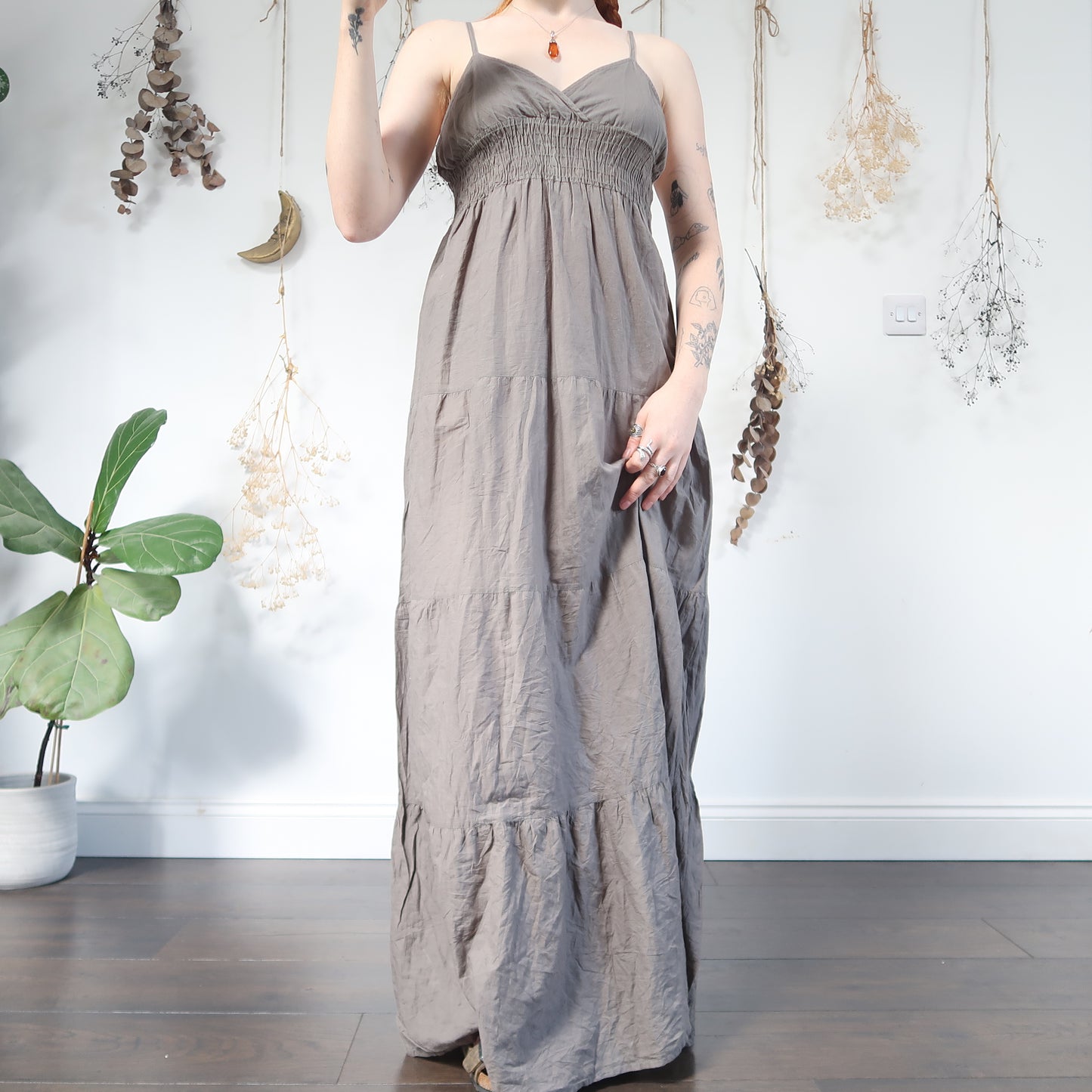 Khaki tiered dress - size M