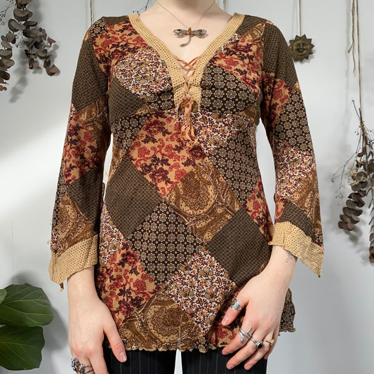 Earthy patchwork top - size L