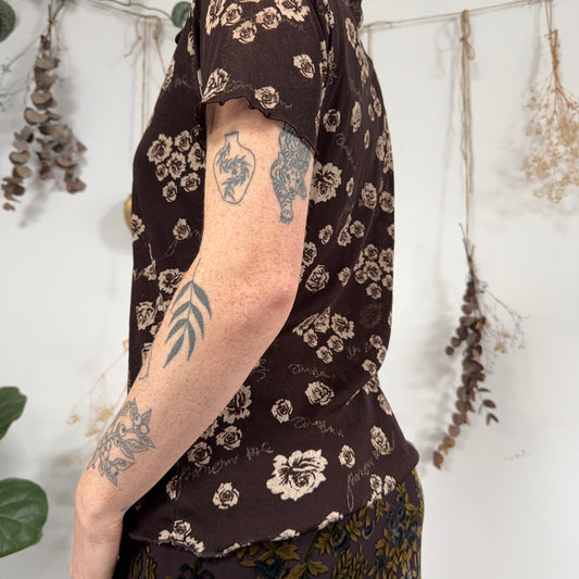 Brown floral mesh shirt - size L/XL