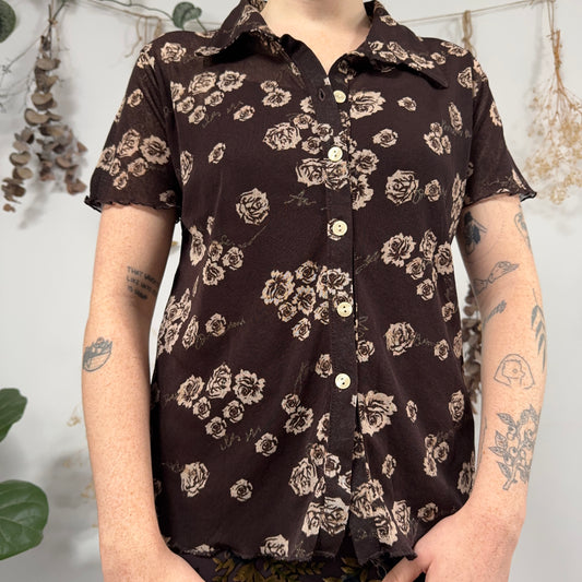 Brown floral mesh shirt - size L/XL