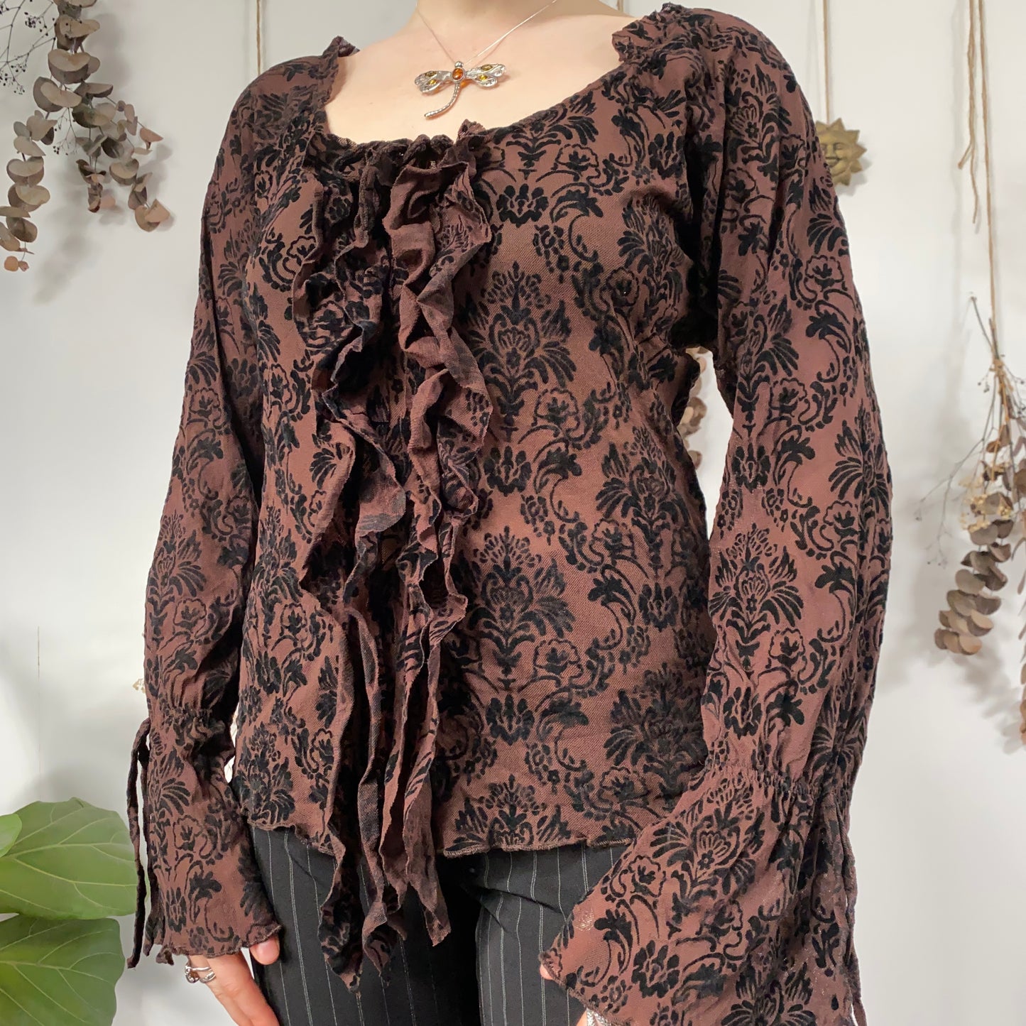 Brown mesh floral top - size L/XL