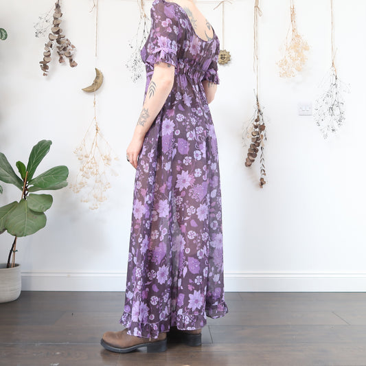 70s purple floral dress - size S