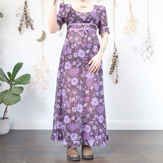 70s purple floral dress - size S