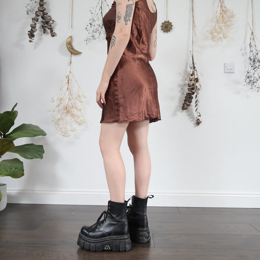 Brown satin slip dress - size S/M