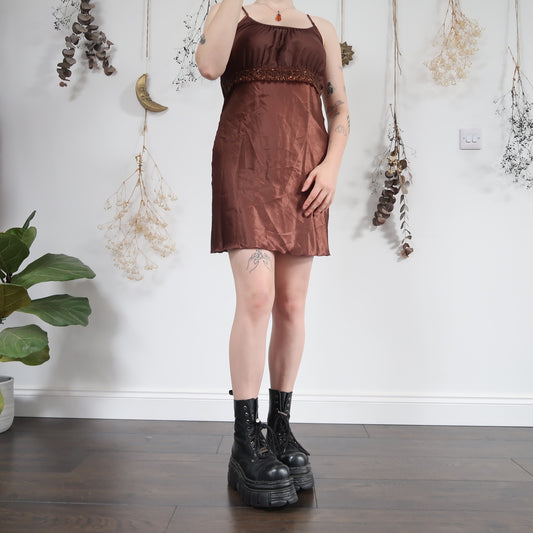 Brown satin slip dress - size S/M