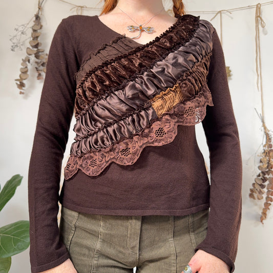Brown ruffle top - size S/M