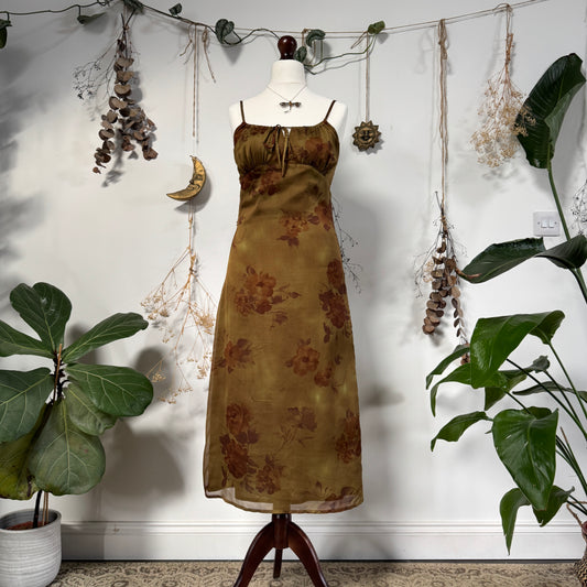 Ochre green floral dress - size S/M