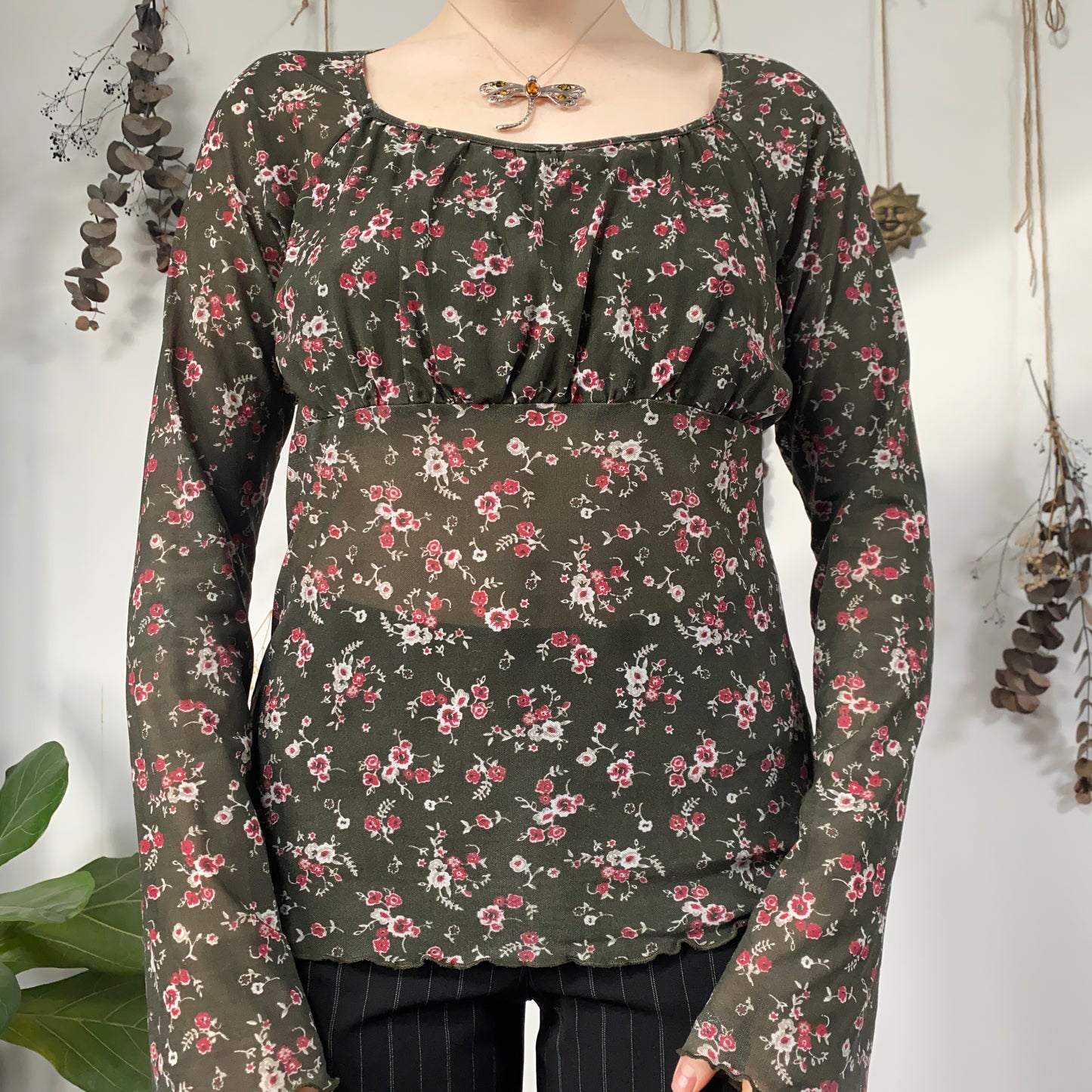 Khaki floral top - size L