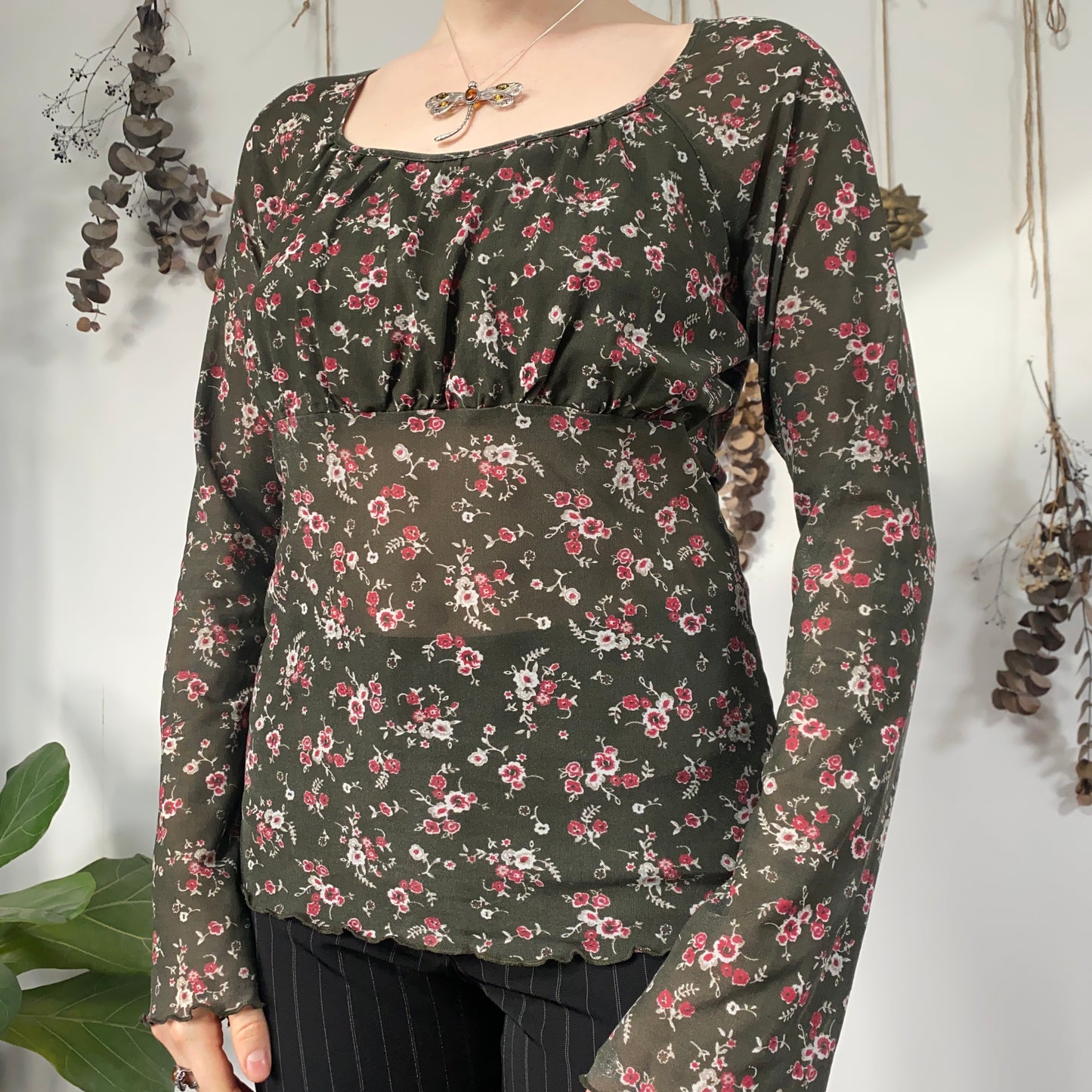 Khaki floral top - size L