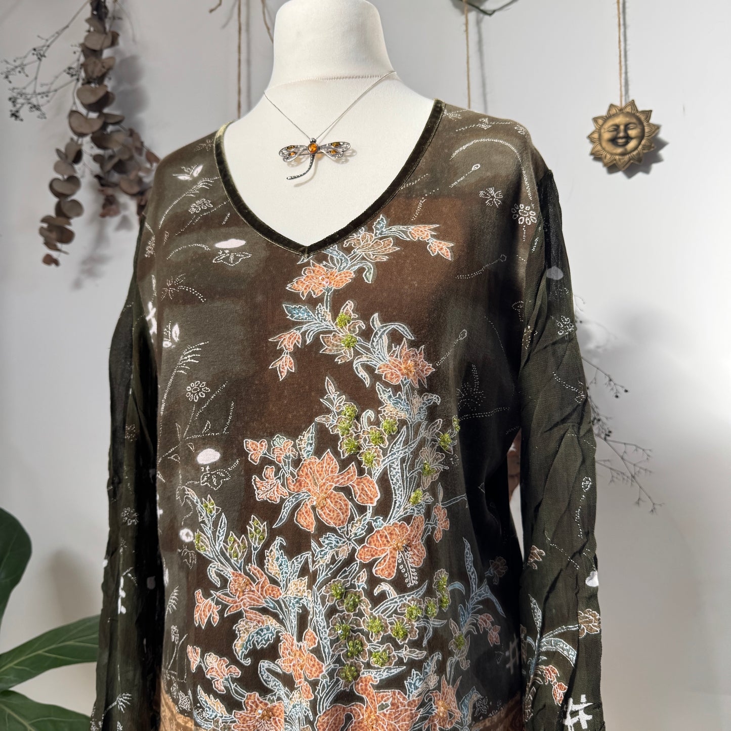 Khaki floral top - size XL