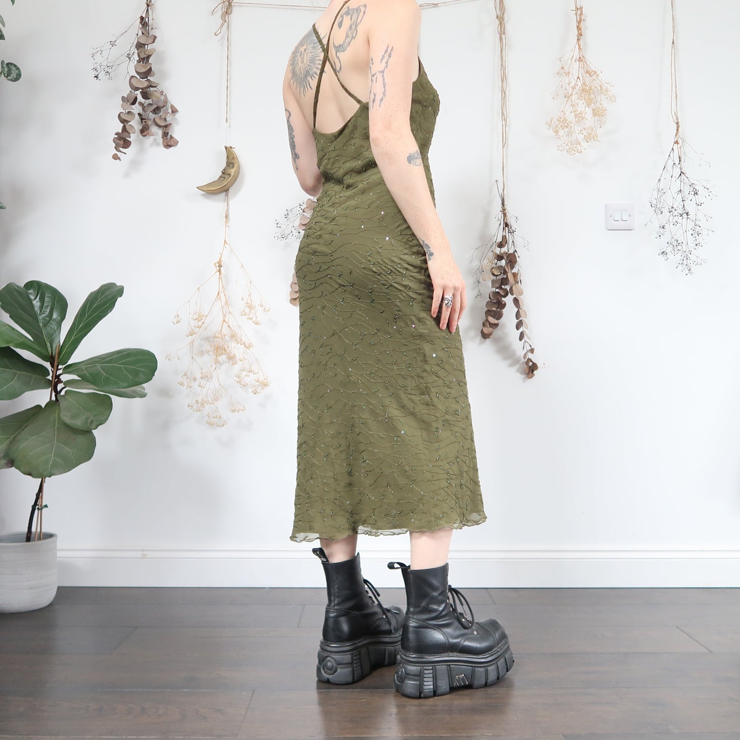 Khaki beaded dress - size XS/S