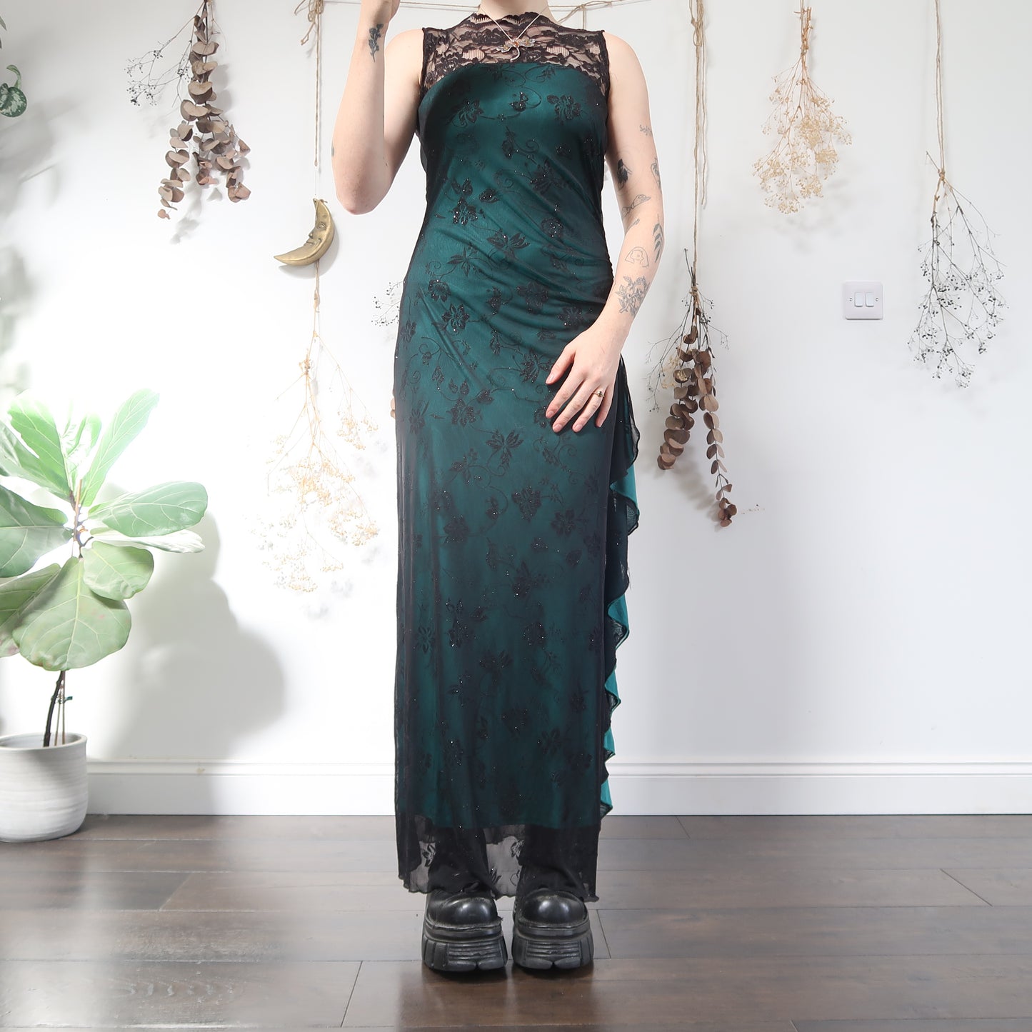 Teal black lace dress - size XS/S
