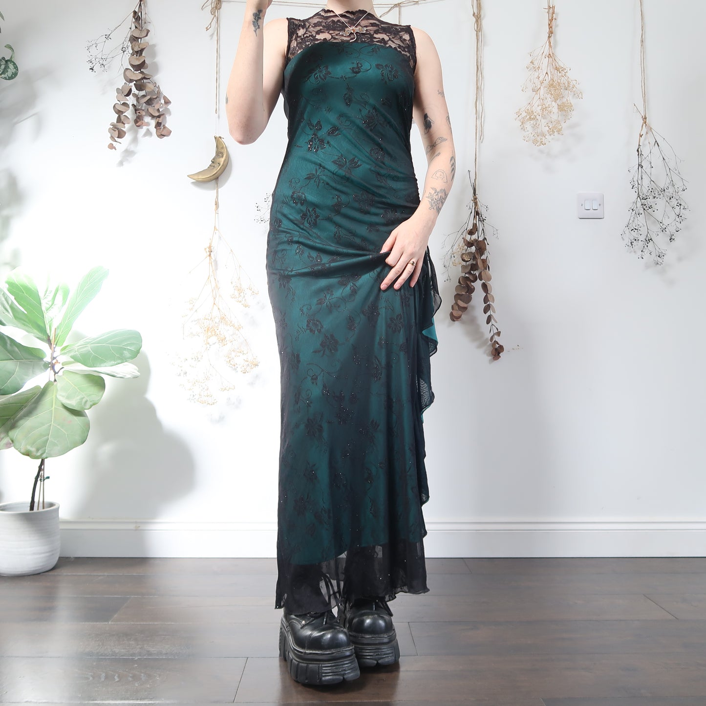 Teal black lace dress - size XS/S