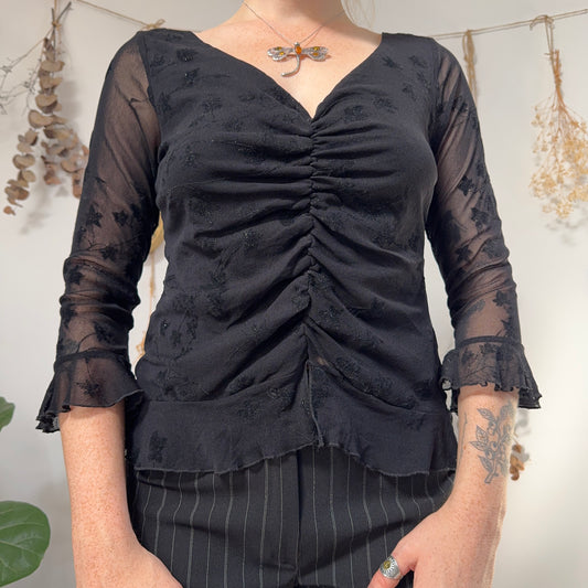 Black mesh ruched top - size M