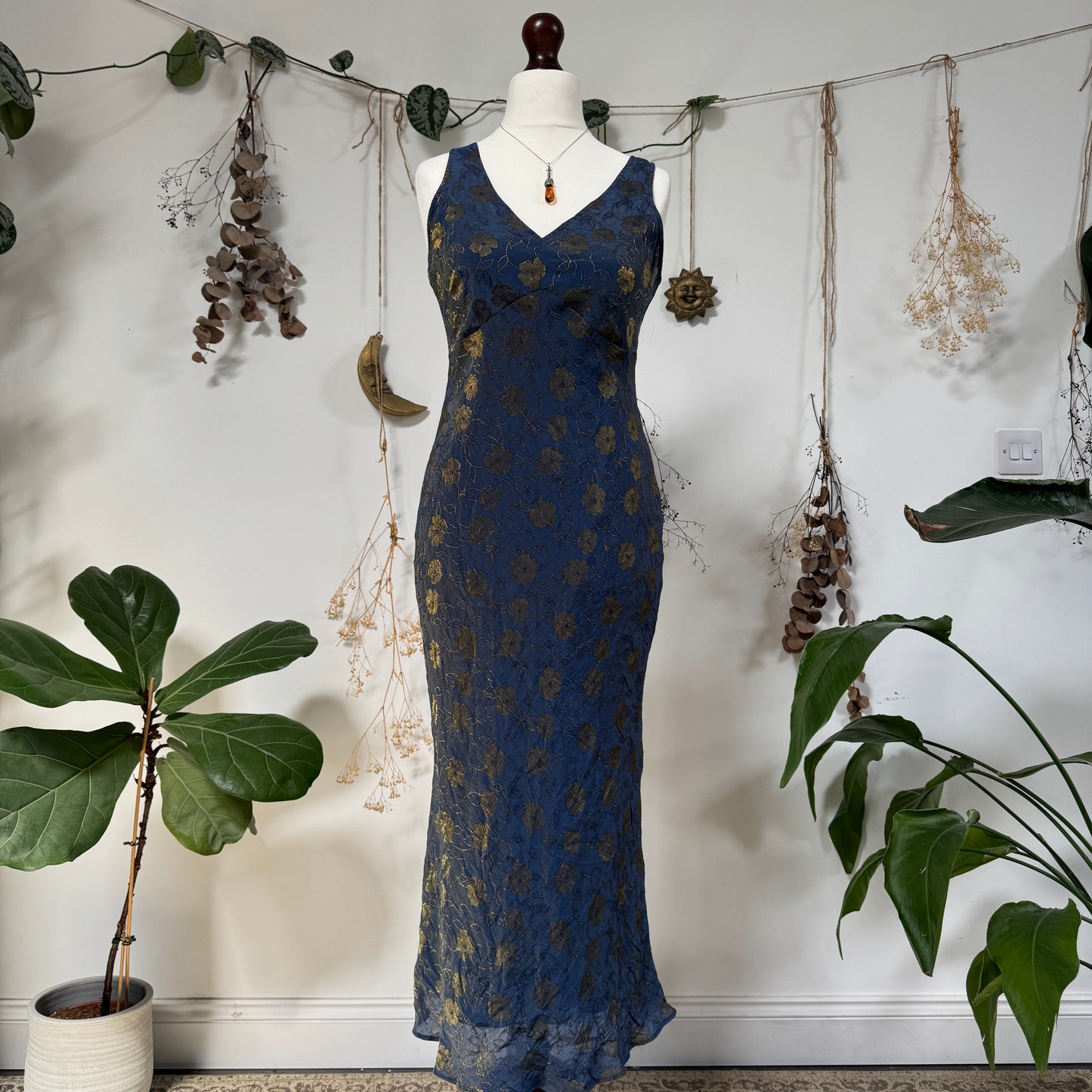 Navy gold floral dress - size M