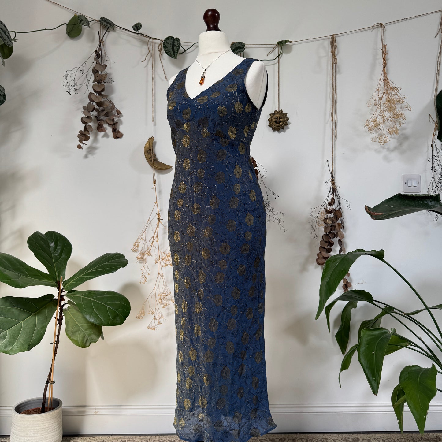 Navy gold floral dress - size M