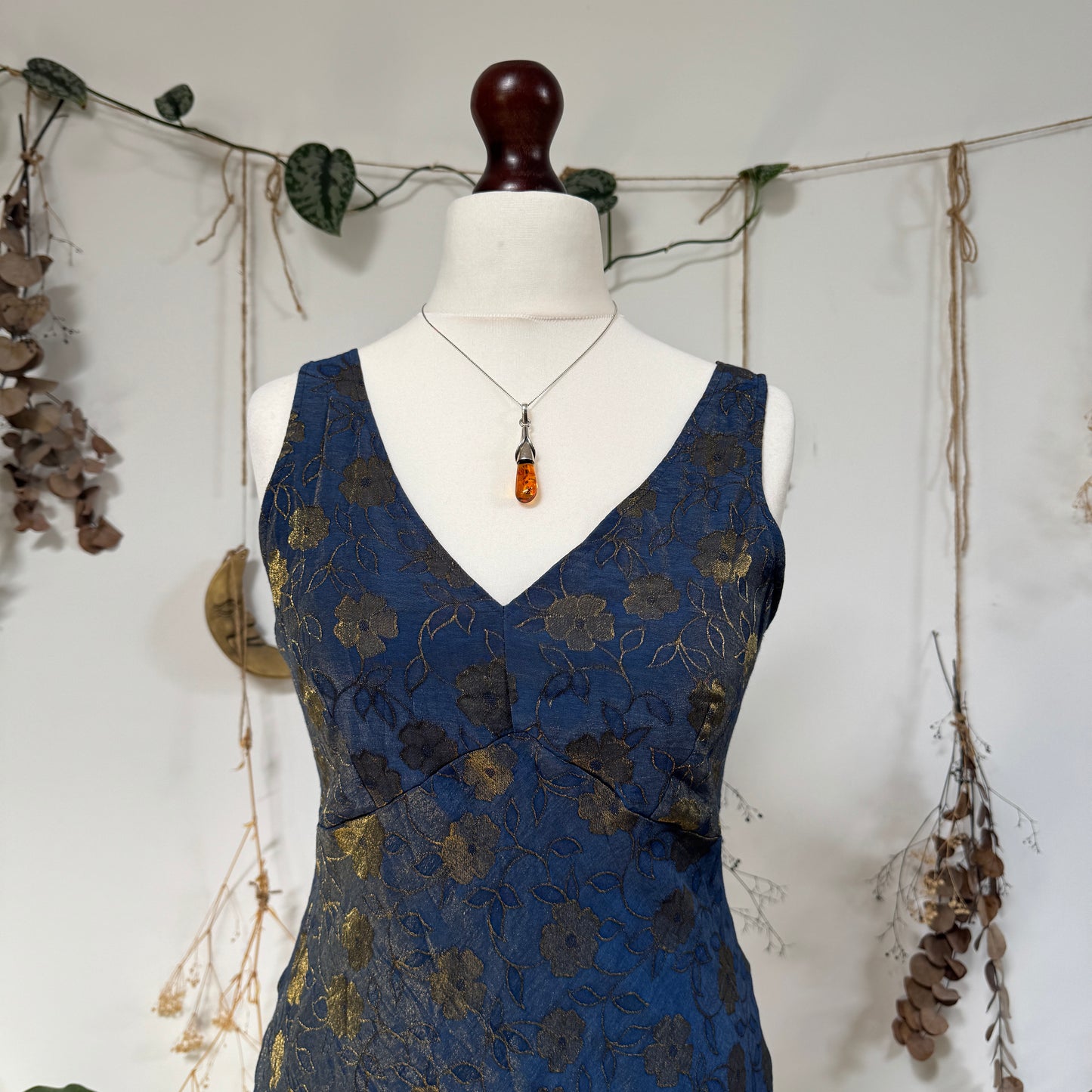 Navy gold floral dress - size M