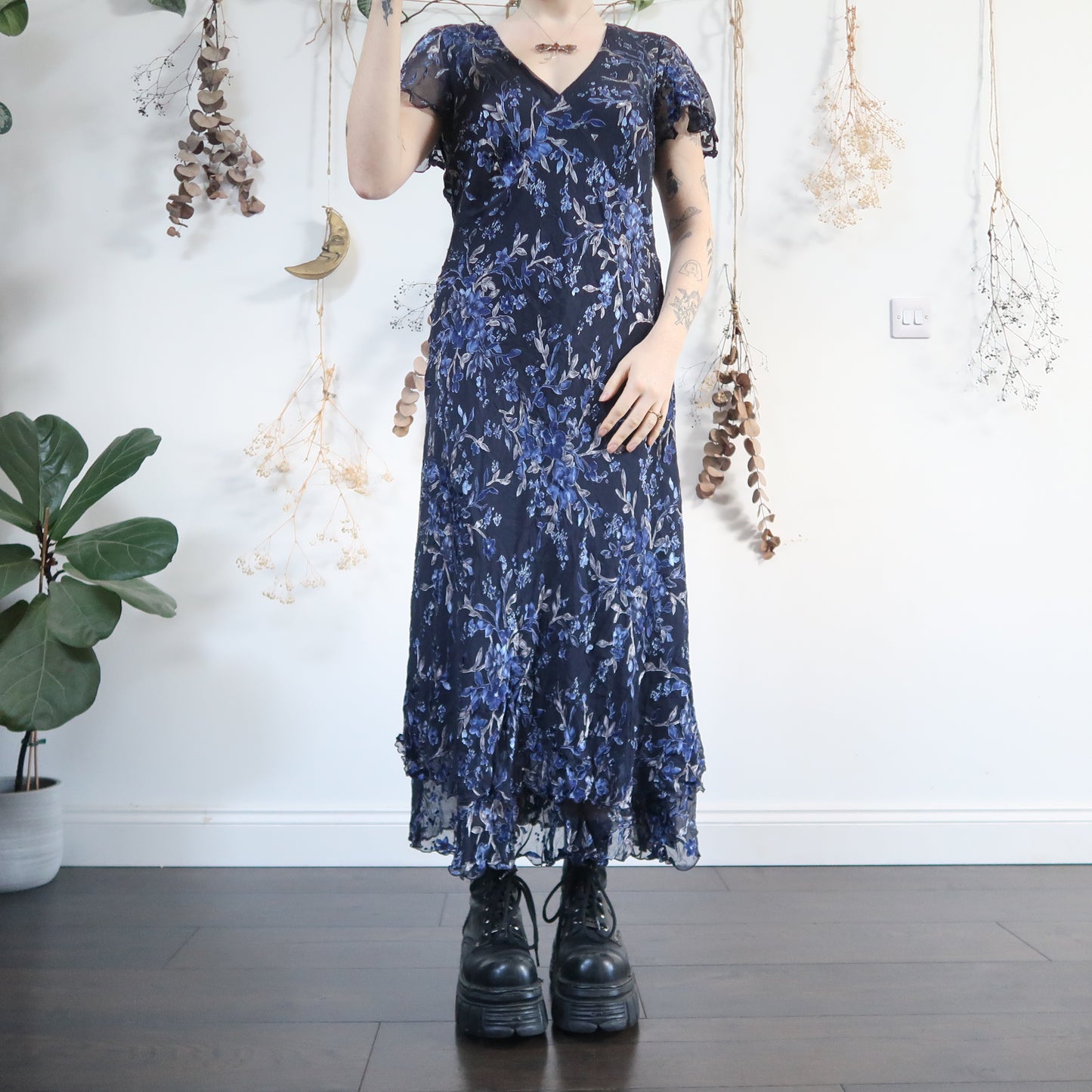 Navy devore dress - size L