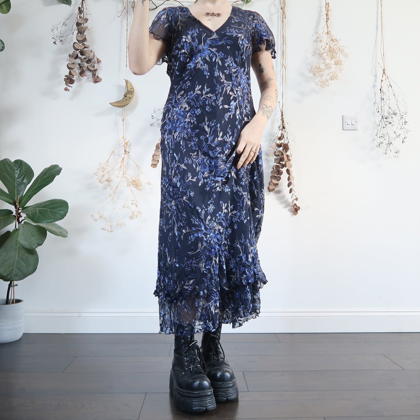 Navy devore dress - size L