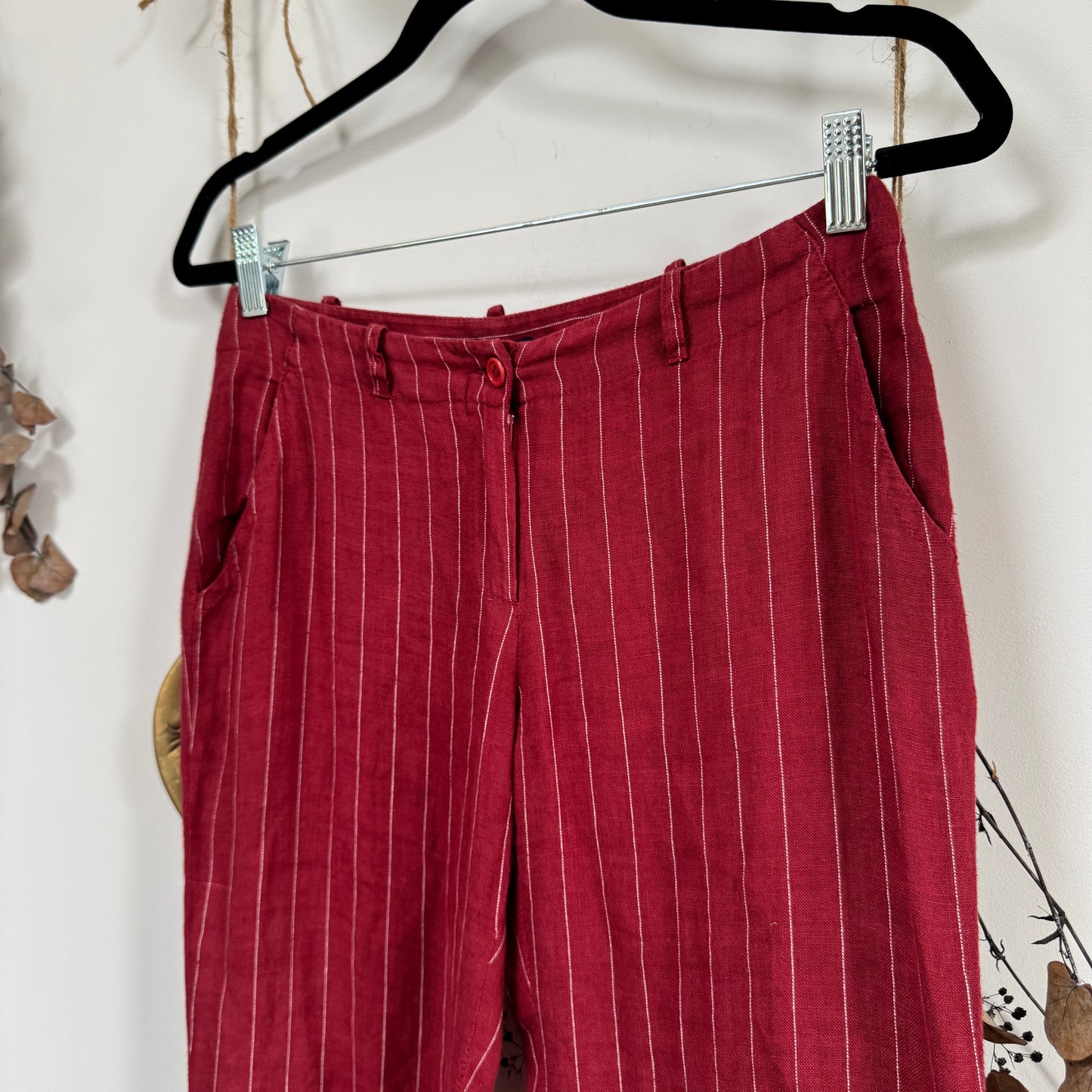 Red pinstripe linen trousers - size S
