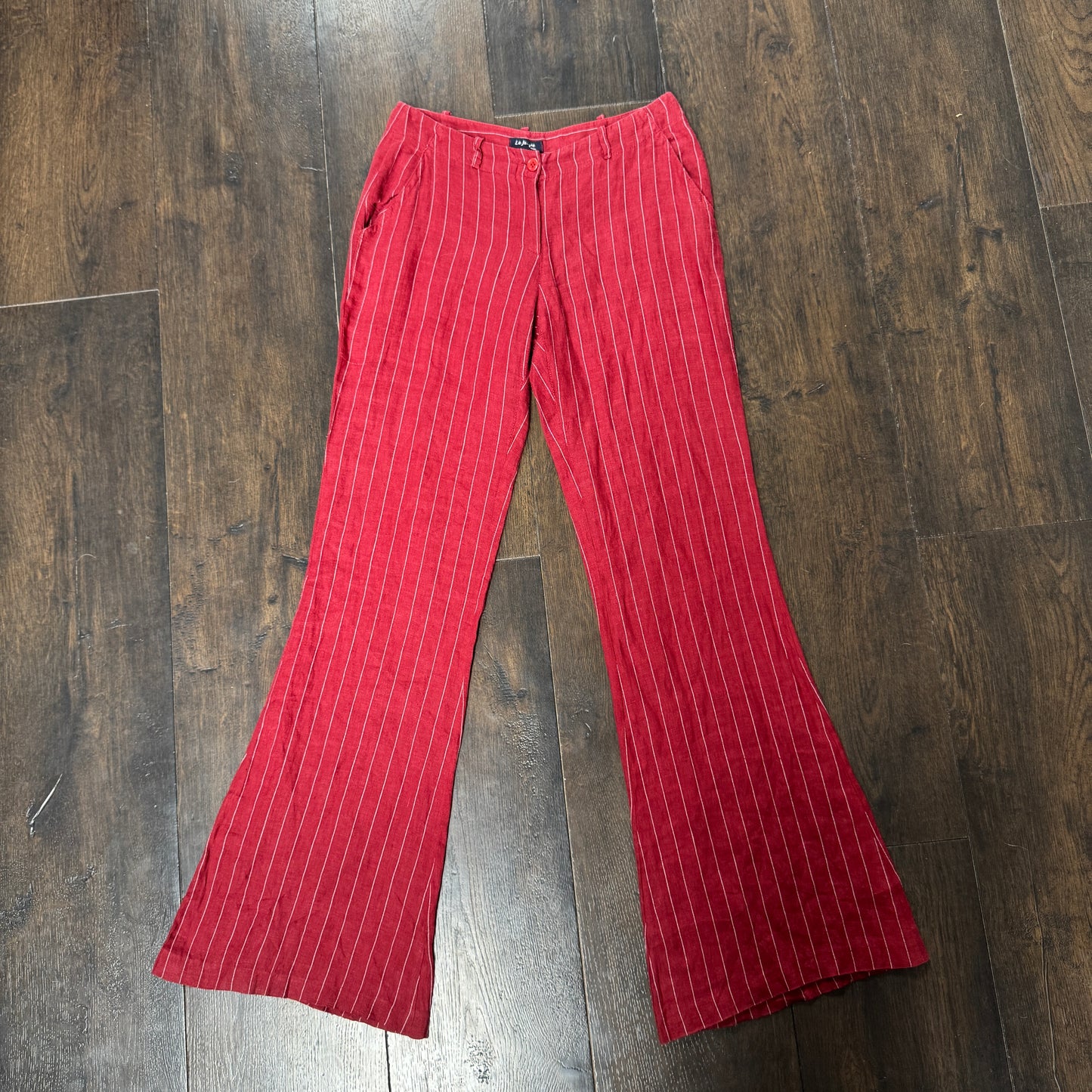 Red pinstripe linen trousers - size S