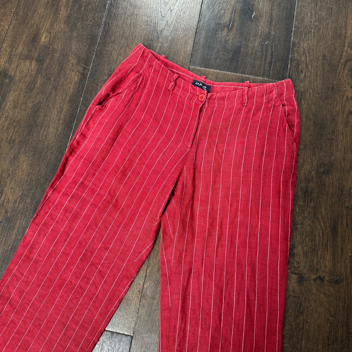 Red pinstripe linen trousers - size S