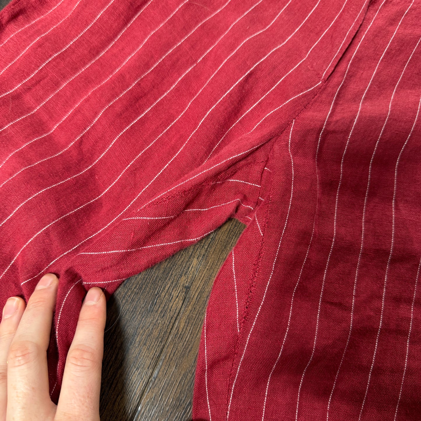 Red pinstripe linen trousers - size S