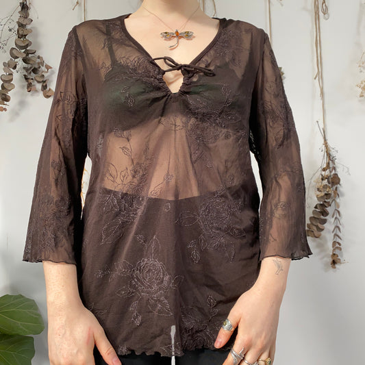 Brown floral mesh top - size L/XL