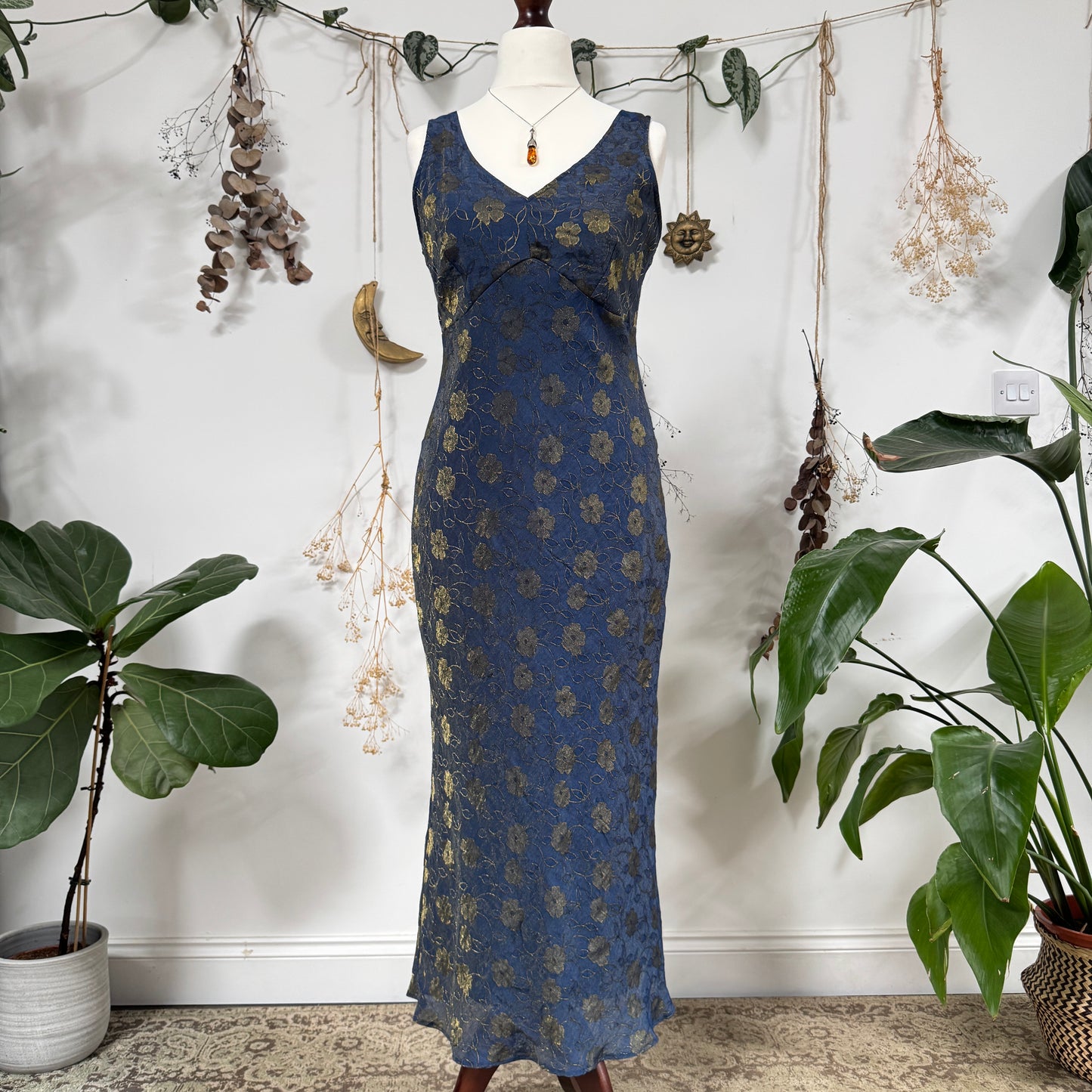 Blue gold floral dress - size M