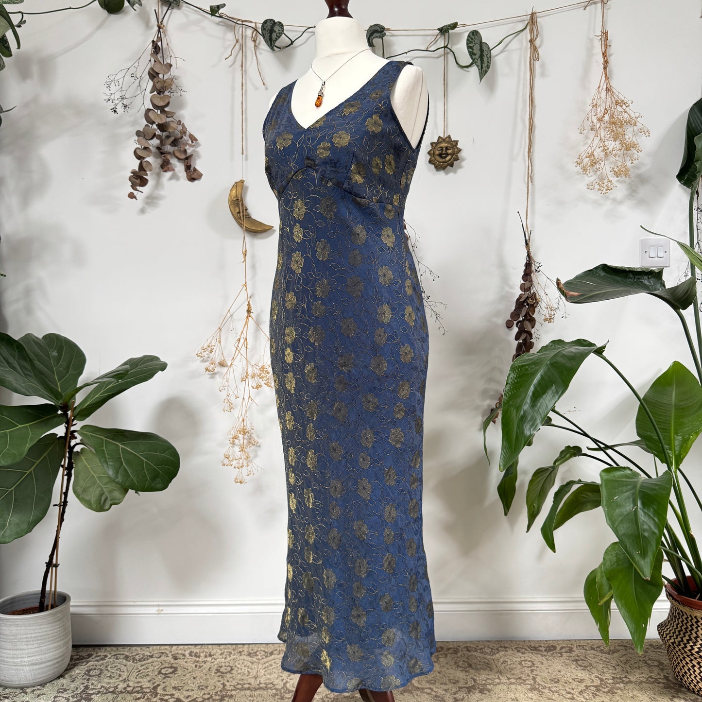 Blue gold floral dress - size M