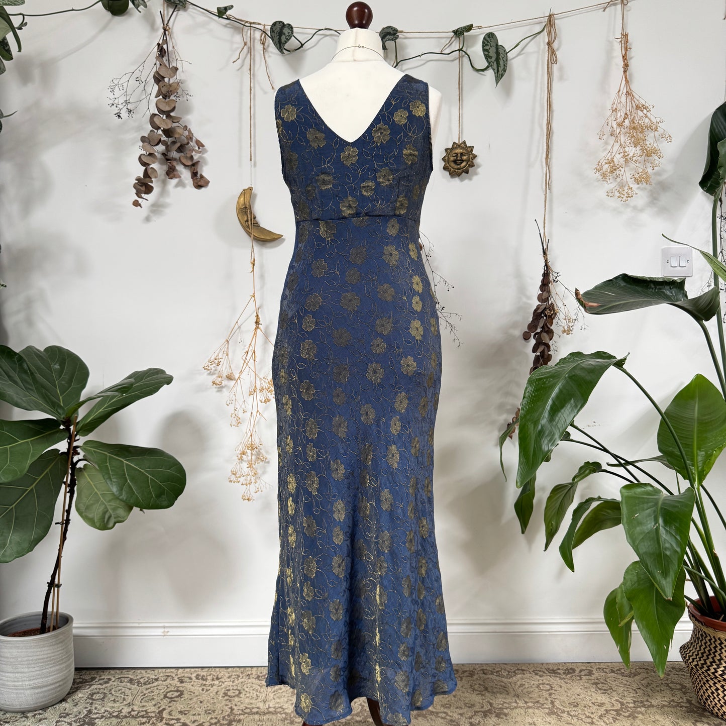 Blue gold floral dress - size M