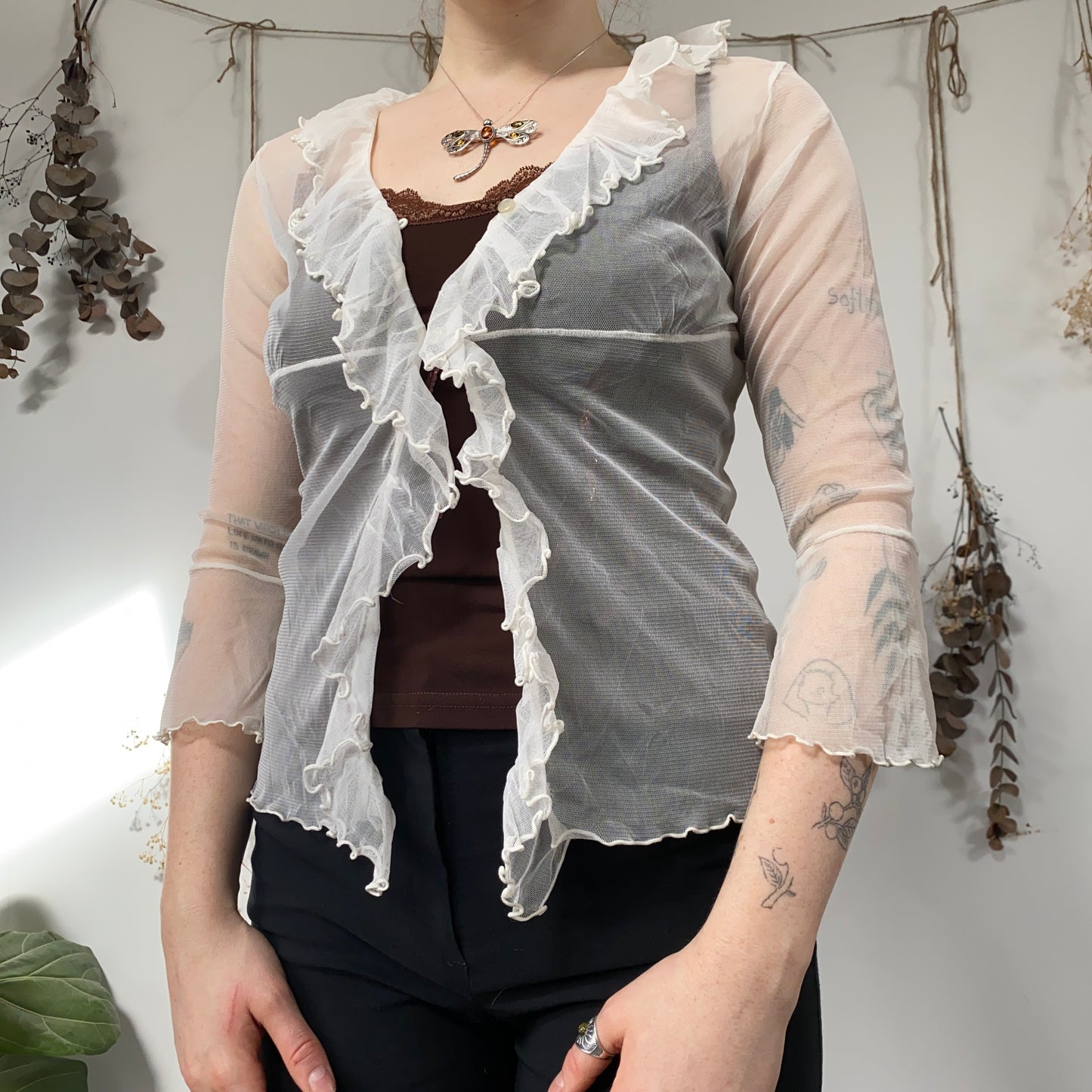 Cream mesh ruffle blouse - size S