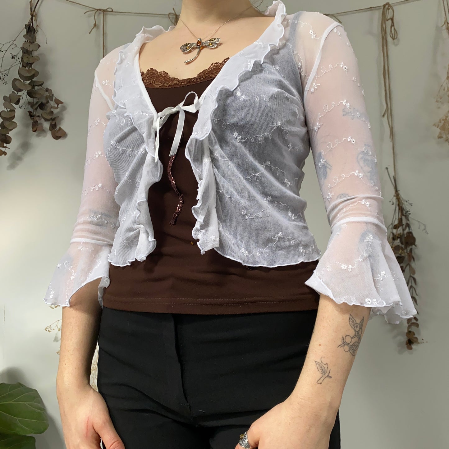 White embroidered mesh top - size S